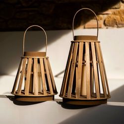 Pack of 2 Wood and Glass Lantern Candle Holders