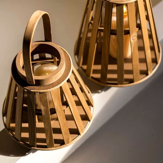 Pack of 2 Wood and Glass Lantern Candle Holders