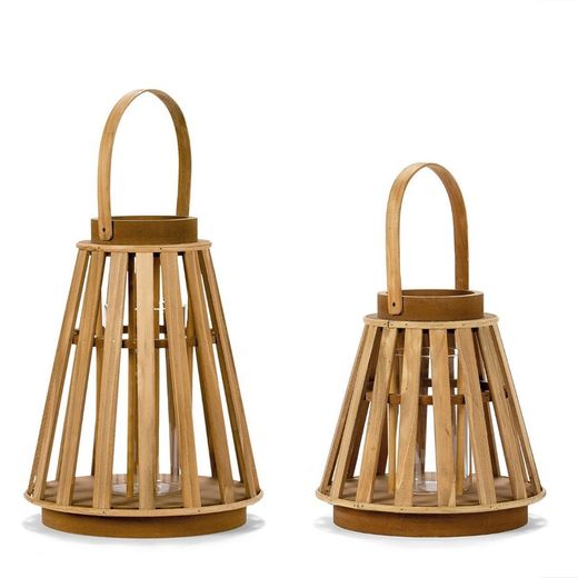 Pack of 2 Wood and Glass Lantern Candle Holders
