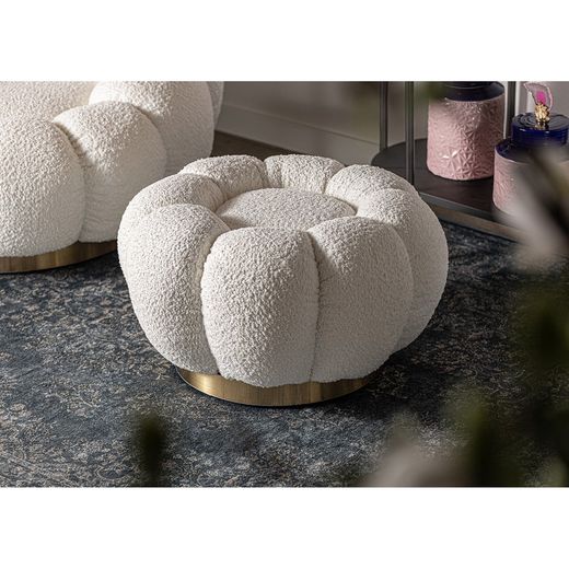 Pufa Bouclé Crest z bawełny Bouclé w kolorze białym/złotym, 60 x 60 x 32 cm