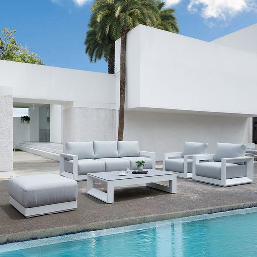 Aluminum and fabric pouf in white and light gray, 70 x 83 x 90 cm | Onyx