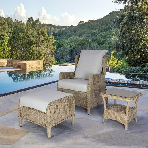 Aluminum and synthetic rattan garden pouf in natural, 55 x 53 x 44 cm | Oregon