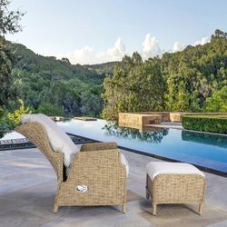 Aluminum and synthetic rattan garden pouf in natural, 55 x 53 x 44 cm | Oregon