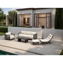 Garden sofa, armchair, and armchair with pouf set, made of aluminum, rope, and anthracite and beige fabric | Santa Ana