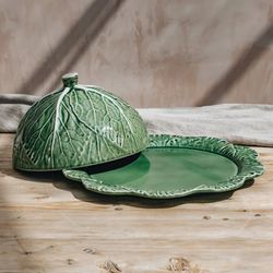 Cheese dish made of earthenware in green, Ø 34.5 x 17.5 cm | Cabbage
