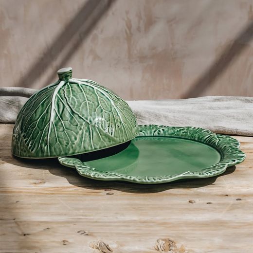 Cheese dish made of earthenware in green, Ø 34.5 x 17.5 cm | Cabbage