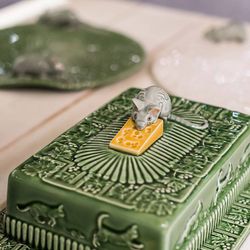 Cheese dish made of earthenware in green and grey, 30.5 x 22.5 x 14 cm | Cheese dishes