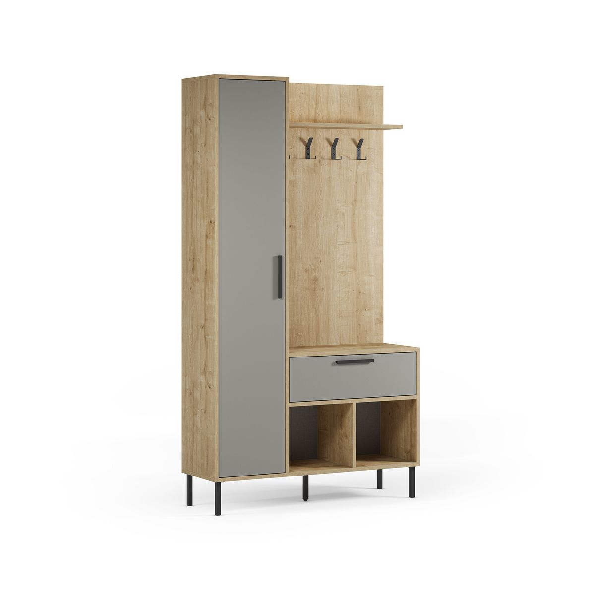 Recibidor de madera y metal en color roble y verde, 108 x 35 x 195,3 cm | Heidy