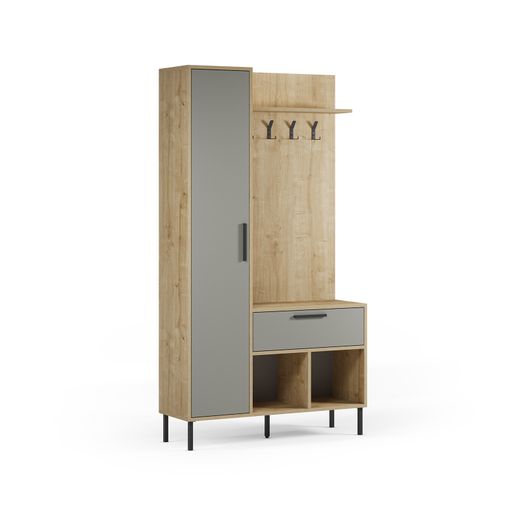 Recibidor de madera y metal en color roble y verde, 108 x 35 x 195,3 cm | Heidy