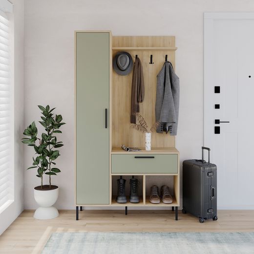 Wooden and metal hall table in oak and green, 108 x 35 x 195.3 cm | Heidy