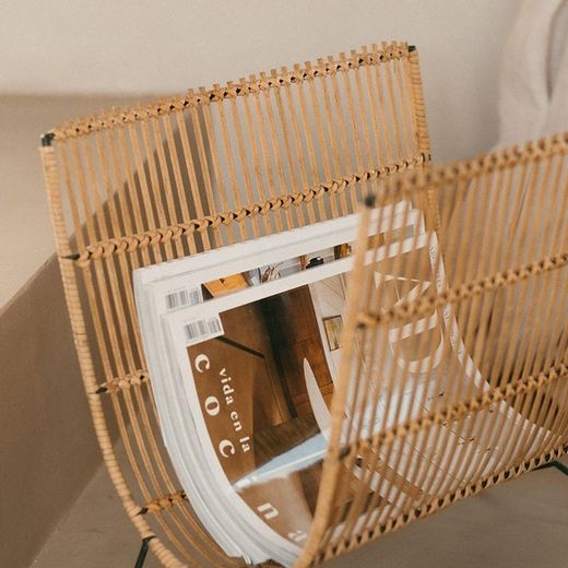 Bamboo and natural/black rattan magazine rack, 38 x 29 x 35 cm