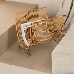 Bamboo and natural/black rattan magazine rack, 38 x 29 x 35 cm