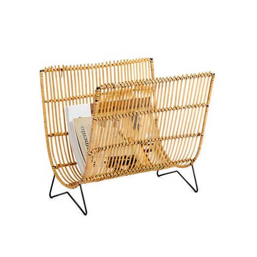Bamboo and natural/black rattan magazine rack, 38 x 29 x 35 cm