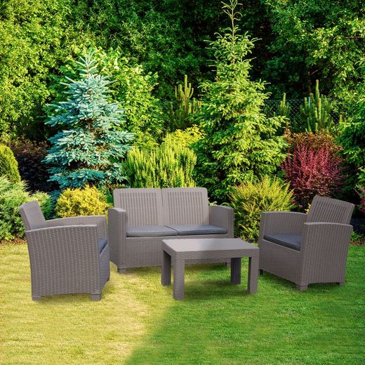 Conjunto de Jardim Chillvert em Resina SANTORINI 1 Sofá 2 Lugares + 2 Poltronas + 1 Mesa Bege com Almofada Cinza