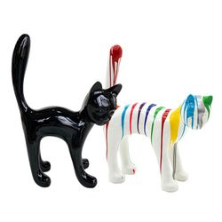 Lot de 2 adorables chatons en polyrésine noire et multicolore, 22x12x31 cm