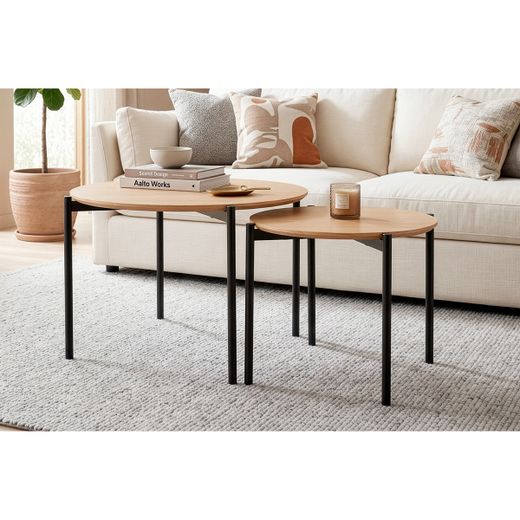 Set de 2 mesas auxiliares de madera y metal en color roble y negro, 70 - 50 x 70 - 50 x 50 - 45 cm | Sucre