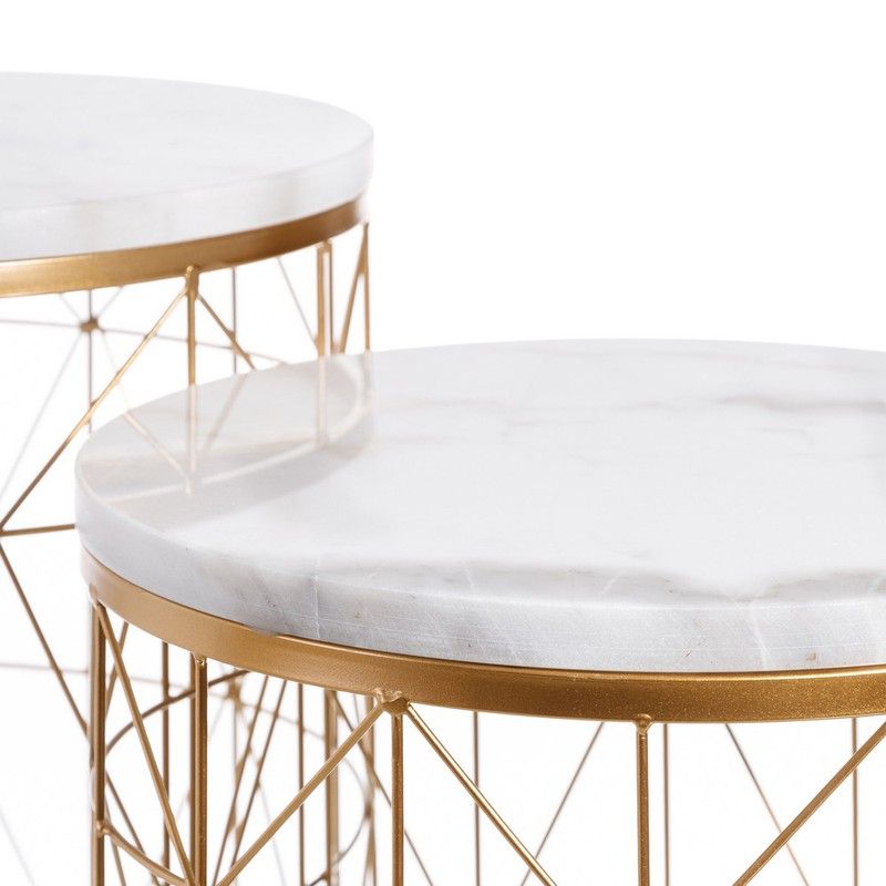 Tables Basses D'appoint En Marbre Synthétique - Lot De 2 (ovale 60x36cm Et Ronde 50cm), Pieds Dorés, Max 30kg