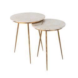 Set van 2 wit/gouden bijzettafels van marmer en metaal, Ø46x56 cm