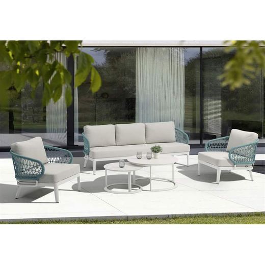 Garden sofa set made of aluminum and nautical rope in white and aqua | Isabela