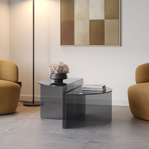 Set van 2 salontafels van gehard glas in blauwgrijs, 80 x 80 x 43 cm | Velta