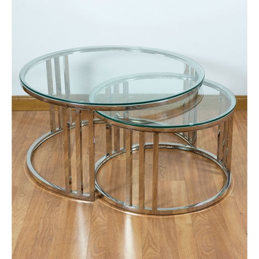 Set of 2 glass and steel coffee tables ø80 x 42 cm