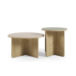 Set aus 2 runden Couchtischen aus Eiche, Creme und Grün, 70 x 70 x 50 cm | Hillary