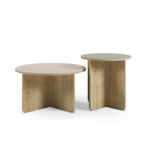 Set aus 2 runden Couchtischen aus Eiche, Creme und Grün, 70 x 70 x 50 cm | Hillary