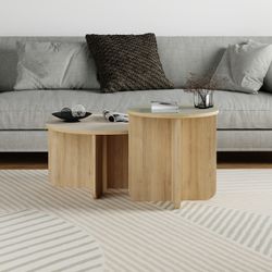 Set aus 2 runden Couchtischen aus Eiche, Creme und Grün, 70 x 70 x 50 cm | Hillary