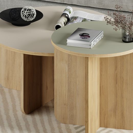 Set aus 2 runden Couchtischen aus Eiche, Creme und Grün, 70 x 70 x 50 cm | Hillary
