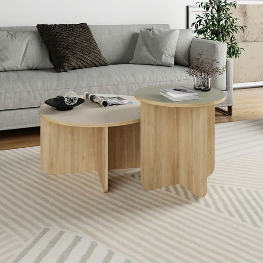 Set aus 2 runden Couchtischen aus Eiche, Creme und Grün, 70 x 70 x 50 cm | Hillary