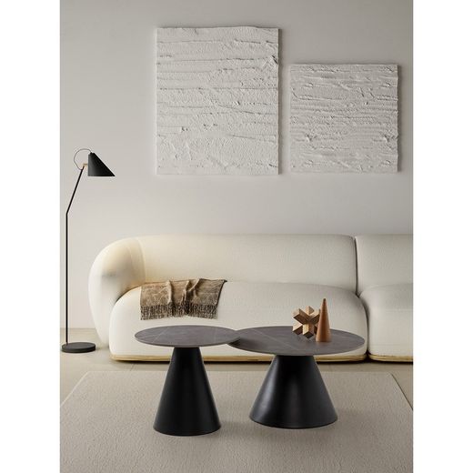 Set aus 2 runden Couchtischen aus Kunststein und Metall in Grau und Schwarz, 70–50 x 70–50 x 40–45,5 cm | Louna