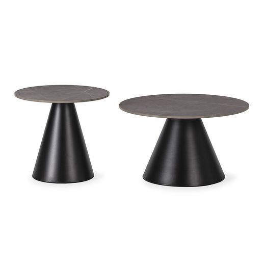 Set aus 2 runden Couchtischen aus Kunststein und Metall in Grau und Schwarz, 70–50 x 70–50 x 40–45,5 cm | Louna