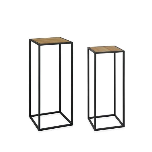 Set de 2 Soportes para Plantas de Metal y Madera Negro/Beige, 28x28x70 cm