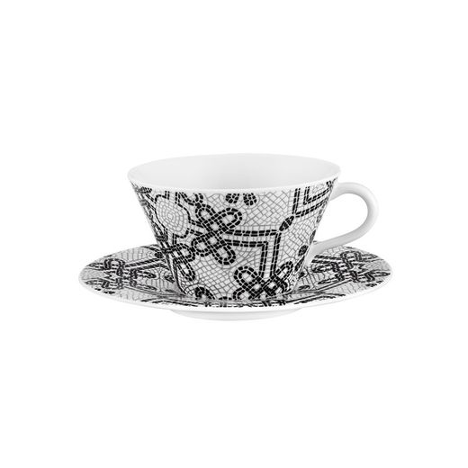 Set of 2 black and white porcelain teacups and saucers, Ø 16 x 6.1 cm | Portuguese Calçada