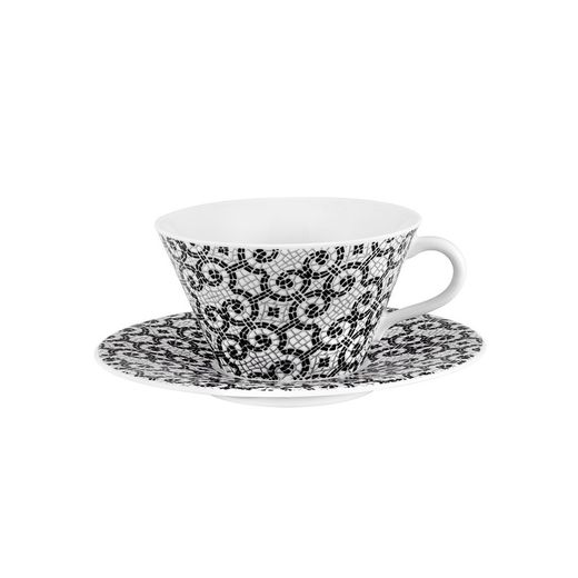 Set of 2 black and white porcelain teacups and saucers, Ø 16 x 6.1 cm | Portuguese Calçada