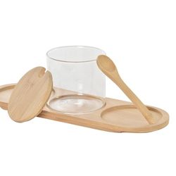 Set of 3 borosilicate and bamboo sugar bowls in transparent, 30 x 10 x 10 cm