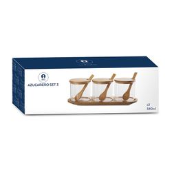 Set of 3 borosilicate and bamboo sugar bowls in transparent, 30 x 10 x 10 cm