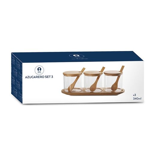 Set of 3 borosilicate and bamboo sugar bowls in transparent, 30 x 10 x 10 cm