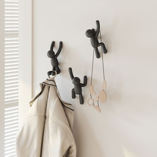 Set of 3 black ABS coat hooks, 18 x 8 x 7 cm | Buddy