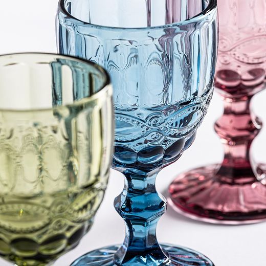 Set of 3 crystal wine glasses in blue, green and pink, Ø 8 x 15 cm | Thymus