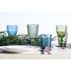 Set of 3 crystal wine glasses in blue, green and pink, Ø 8 x 15 cm | Thymus