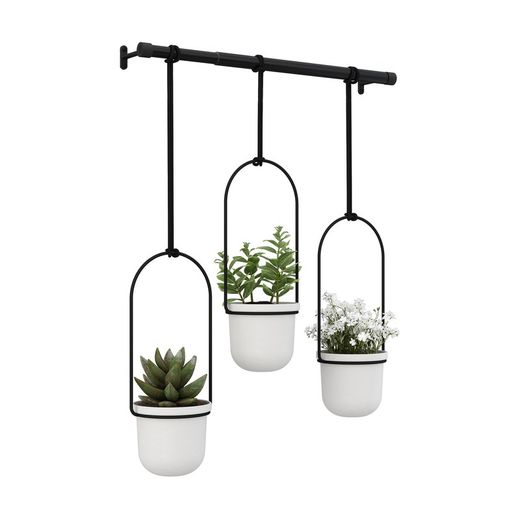 Lot de 3 jardinières suspendues en polymère noir et blanc, 64 x 15 x 110 cm | triflore