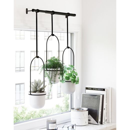 Lot de 3 jardinières suspendues en polymère noir et blanc, 64 x 15 x 110 cm | triflore