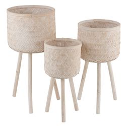 Ensemble de 3 jardinières avec pieds en bambou/plastique, Ø37x76cm