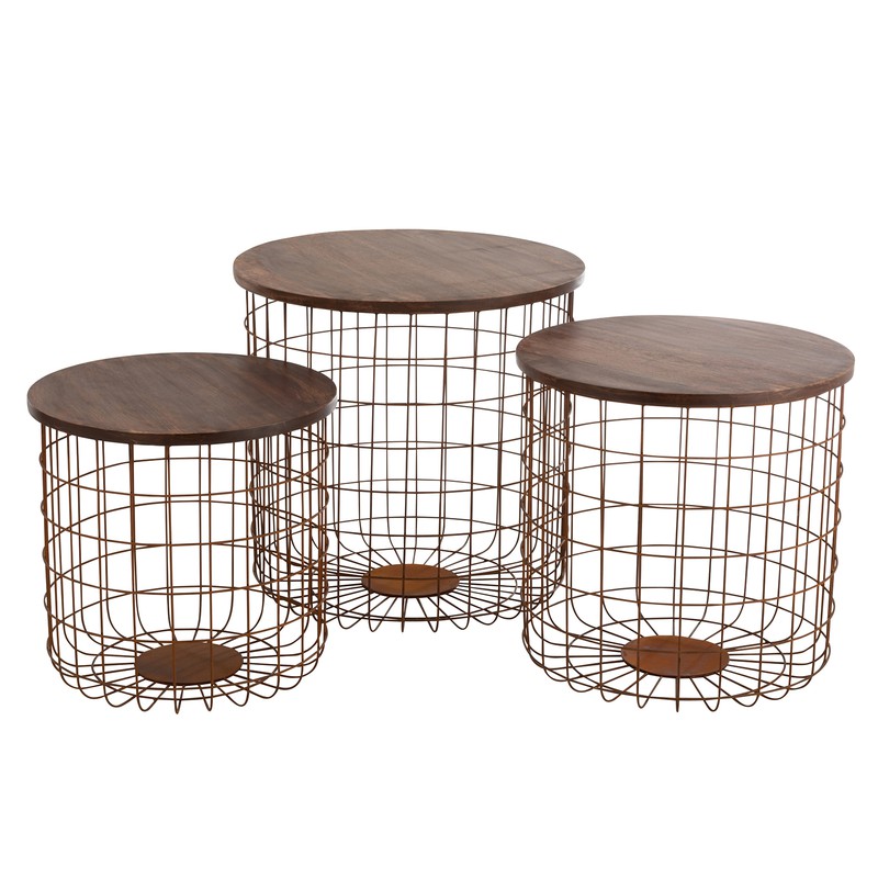 Brown side table with store metal wire basket