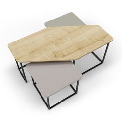 Set of 3 wooden coffee tables in oak, cream and green, 111.5-46 x 60-46 x 48-40 cm | Zoya