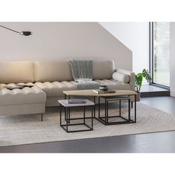 Set of 3 wooden coffee tables in oak, cream and green, 111.5-46 x 60-46 x 48-40 cm | Zoya