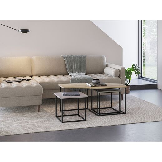 Set of 3 wooden coffee tables in oak, cream and green, 111.5-46 x 60-46 x 48-40 cm | Zoya