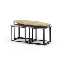 Set of 3 wooden coffee tables in oak, cream and green, 111.5-46 x 60-46 x 48-40 cm | Zoya