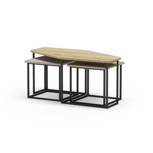 Set of 3 wooden coffee tables in oak, cream and green, 111.5-46 x 60-46 x 48-40 cm | Zoya